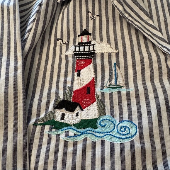 Vintage Blair Gray/White Striped Shirt with Lighthouse Embroidery Size SML - Picture 3 of 8